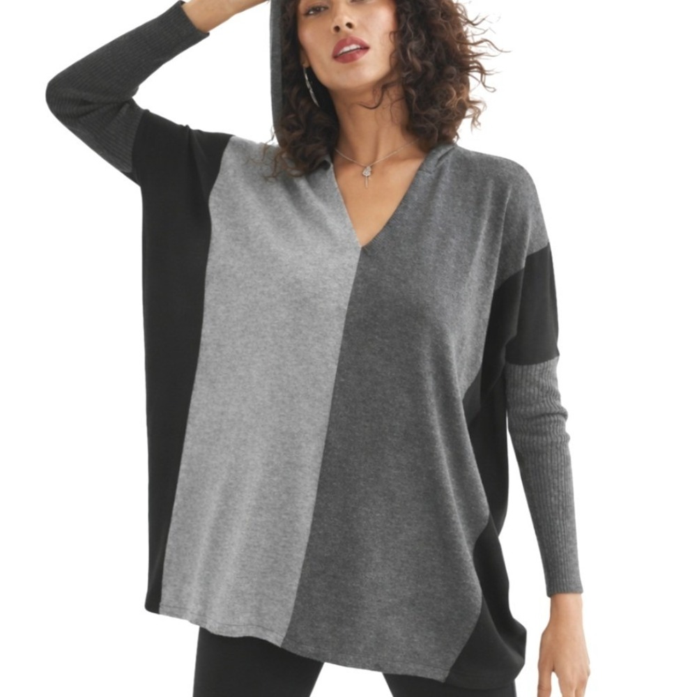 Cabi Colorblock V Neck Hooded Sweater Ribbed‎ Knit Tunic Top Size S Black Gray